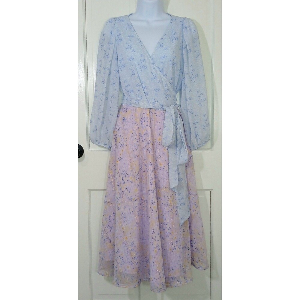 Ann Taylor Petite 6P Floral Wrap Midi Dress Blue Purple Metallic Stripe Tiered - Picture 2 of 14
